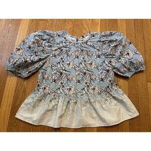 St Roche Floral Bird Print Gradient Ombré Blouse Puff Sleeve Peplum Blue Pink 4